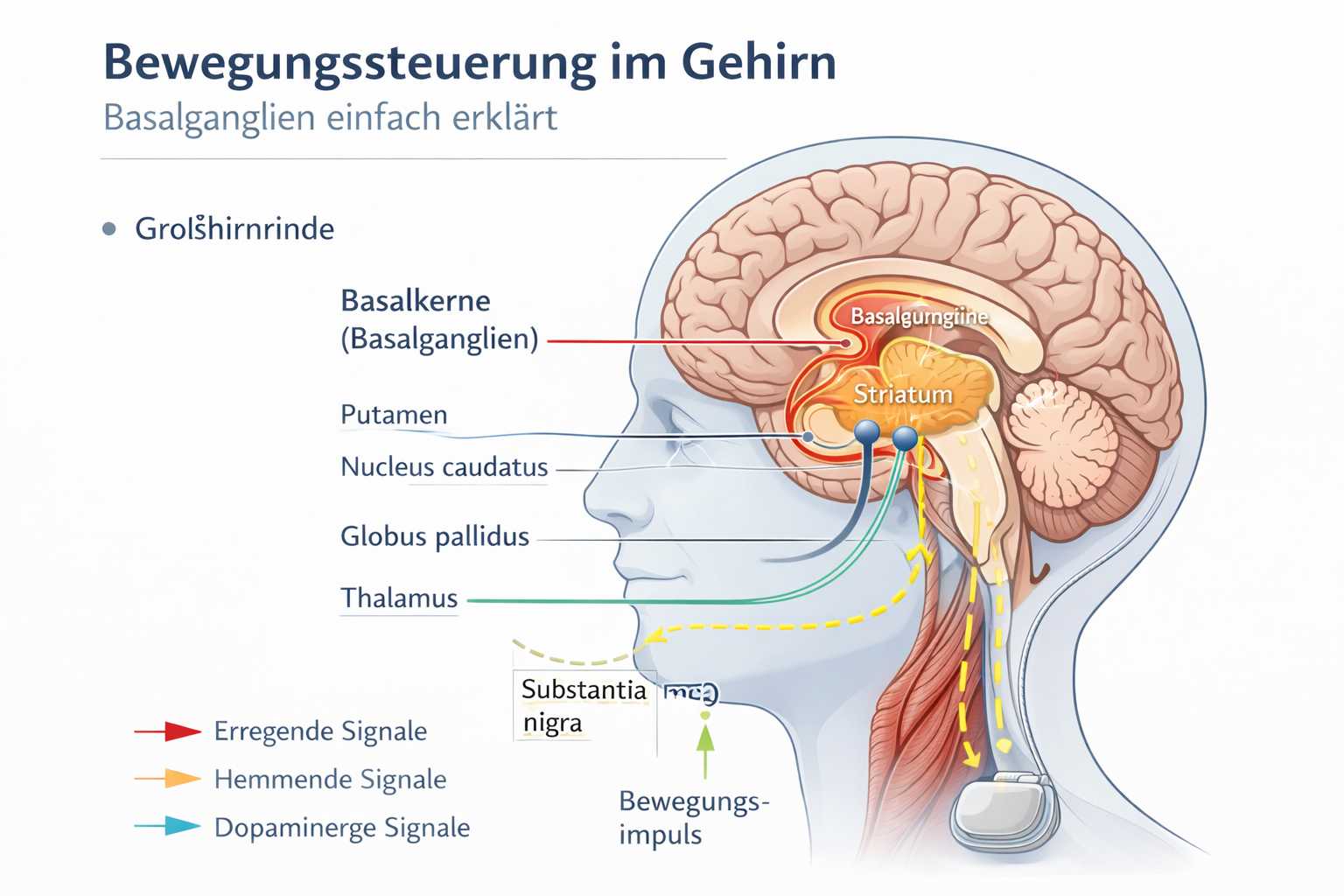 Bewegungssteuerung im Gehirn mit Basalganglien und Signalwegen