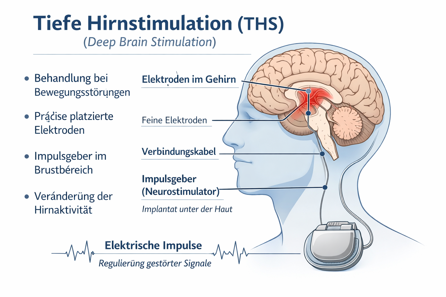 Grafische Darstellung der Tiefenhirnstimulation mit Elektroden im Gehirn